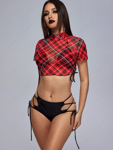 Gothic Plus Size Halter Lace-up Bikini Swimwear with Plaid Mesh Cinched Cover Up Top