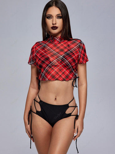 Gothic Plus Size Halter Lace-up Bikini Swimwear with Plaid Mesh Cinched Cover Up Top
