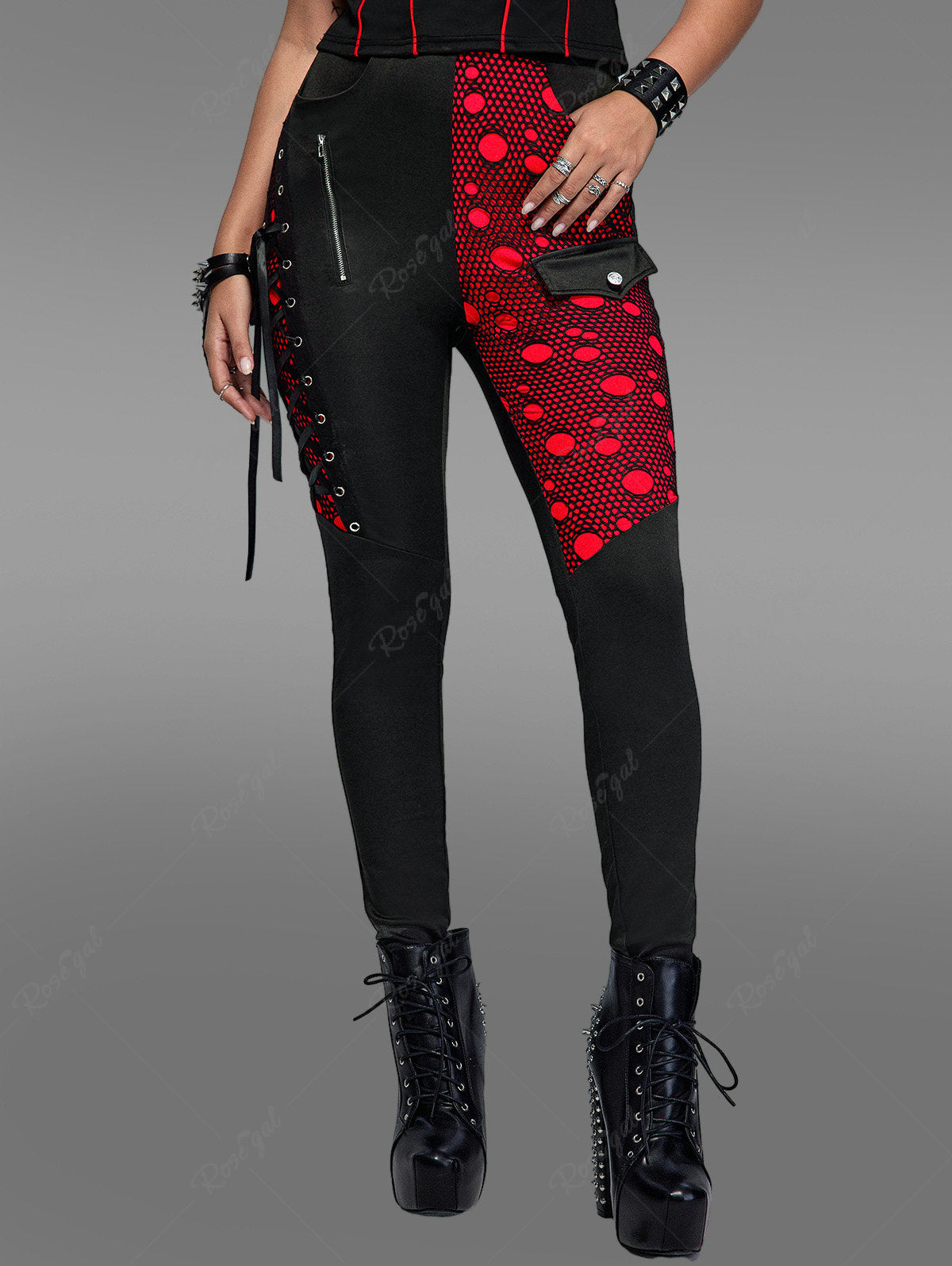 Gothic Colorblock Mesh Overlay Lace-up Zippered Skinny Pants