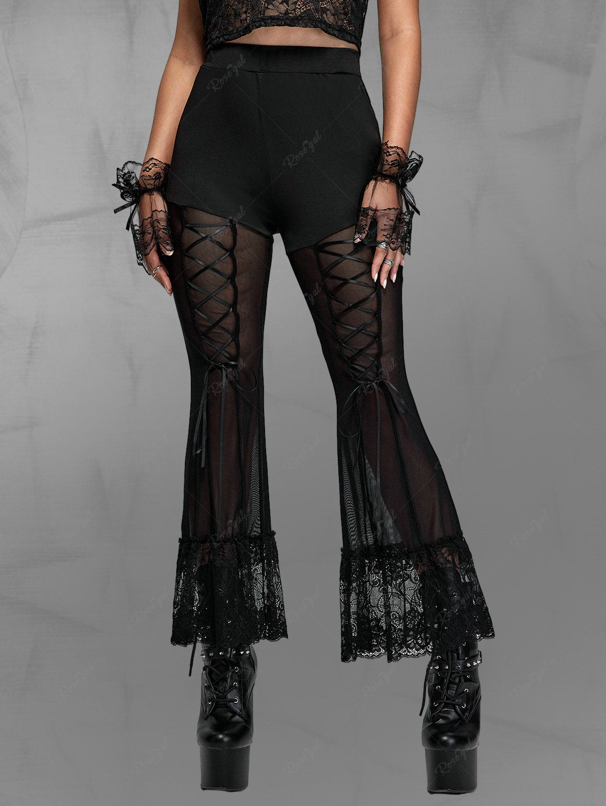 💗Johana Loves💗 Gothic See Through Mesh Panel Lace Lace-up Flare Pants