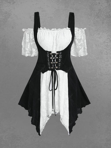 Gothic Plus Size Medieval Renaissance Lace Panel Two Tone Lace-up Asymmetrical Hem Cold Shoulder Top