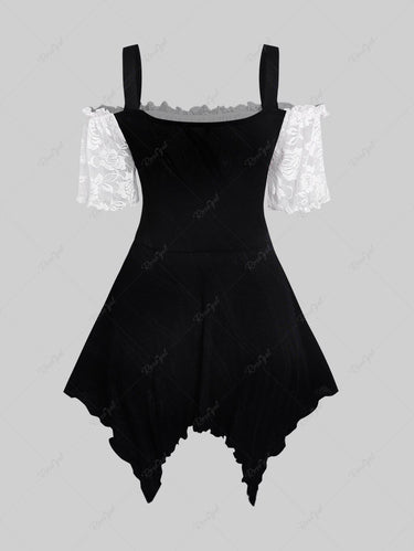 Gothic Plus Size Medieval Renaissance Lace Panel Two Tone Lace-up Asymmetrical Hem Cold Shoulder Top