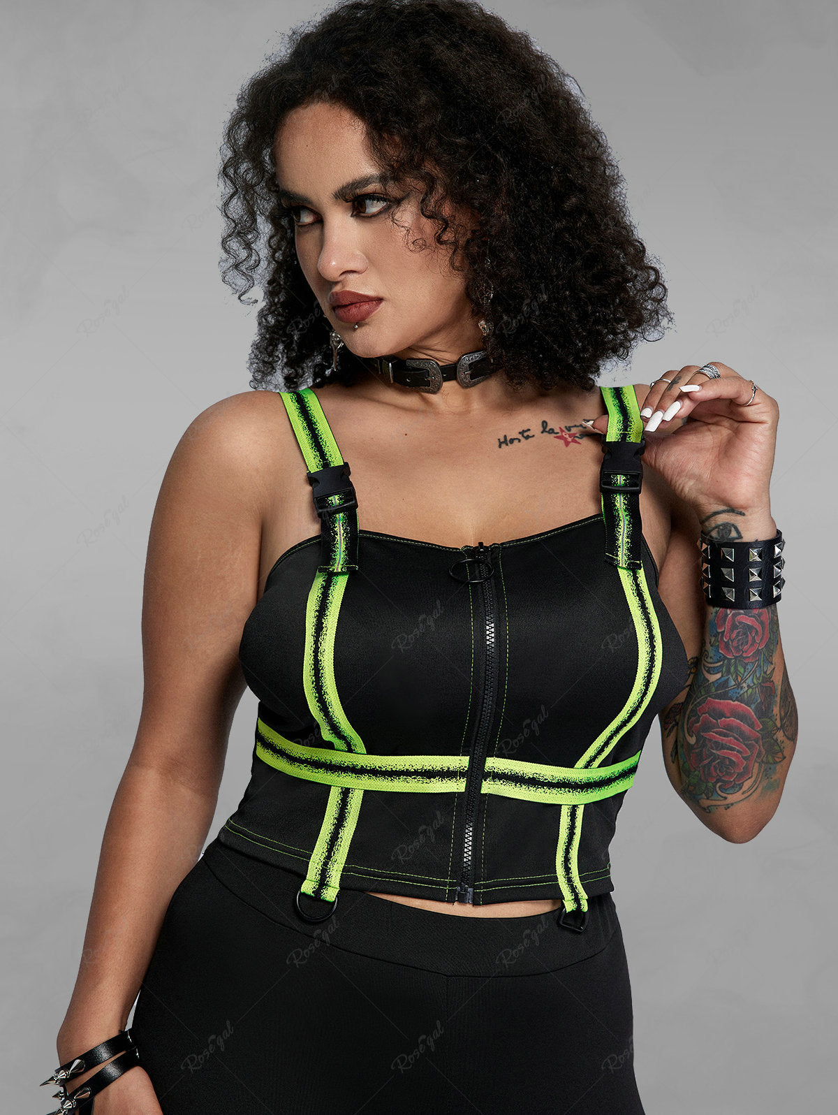💗Lilith Loves💗 Gothic Zip Front Rings Buckle Contrast Strap Cropped Tank Top