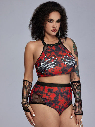 Gothic Plus Size Tie Dye Skeleton Hand Print Fishnet Panel Grommets Bikini Swimsuit