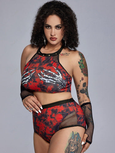 Gothic Plus Size Tie Dye Skeleton Hand Print Fishnet Panel Grommets Bikini Swimsuit