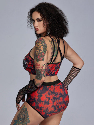 Gothic Plus Size Tie Dye Skeleton Hand Print Fishnet Panel Grommets Bikini Swimsuit