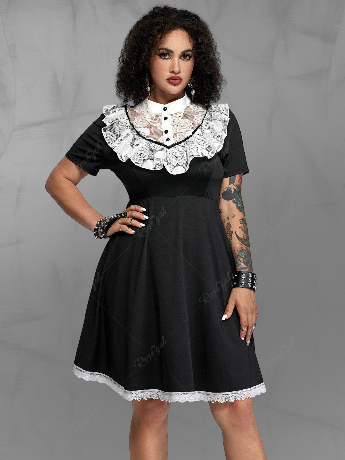 Gothic Contrast Lace Panel Retro Fit and Flare Dress