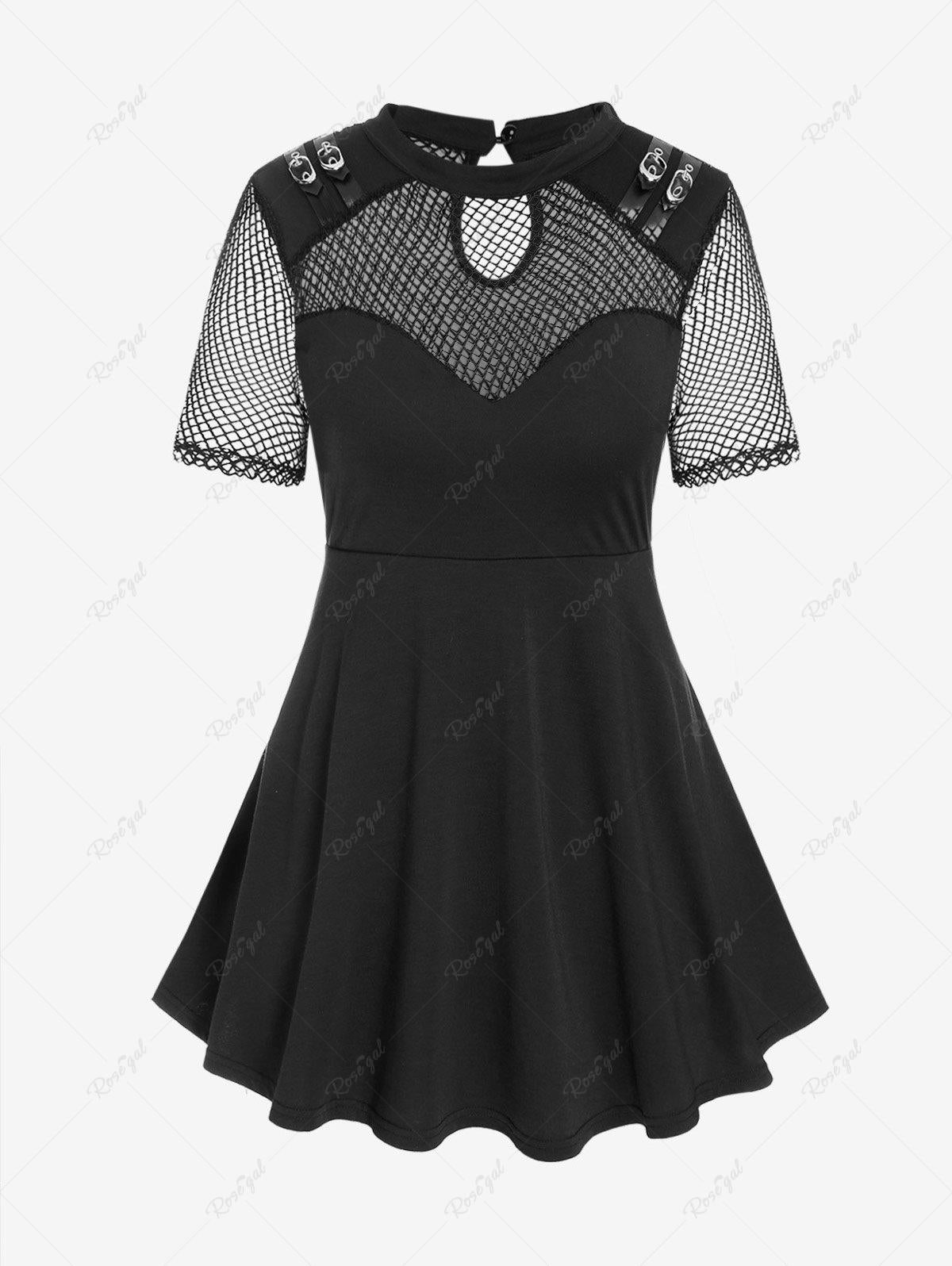 Gothic Sheer Fishnet Panel Grommets Buckle PU Leather Strap Top