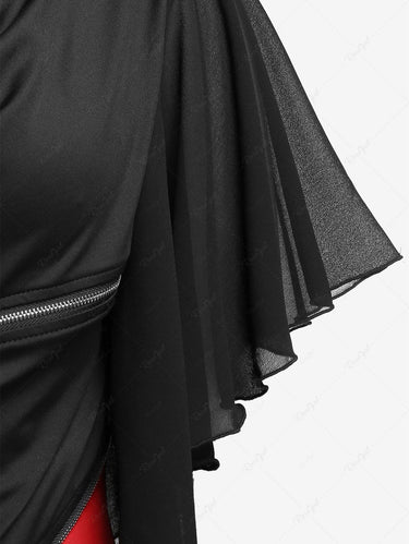 Gothic Cowl Front Colorblock Zippered Butterfly Sleeve Top