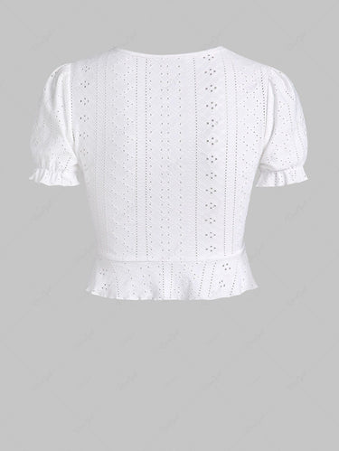 Gothic V Neck Ruffle Short Sleeves Eyelet Openwork Cinched Crop Tee