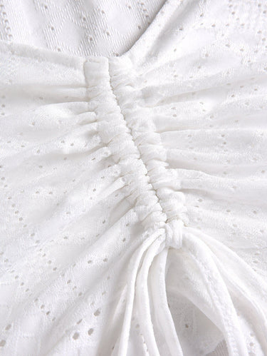 Gothic V Neck Ruffle Short Sleeves Eyelet Openwork Cinched Crop Tee