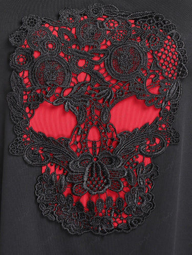 Gothic Plus Size Star Lace Panel Contrast Skull Applique Asymmetrical Top(3 Days Delivery)