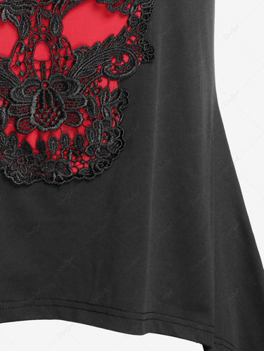 Gothic Plus Size Star Lace Panel Contrast Skull Applique Asymmetrical Top(3 Days Delivery)