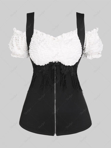Gothic Plus Size Frilled Butterfly Lace Panel Zippered Two Tone Cold Shoulder Top