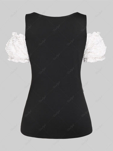 Gothic Plus Size Frilled Butterfly Lace Panel Zippered Two Tone Cold Shoulder Top