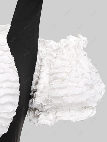 Gothic Plus Size Frilled Butterfly Lace Panel Zippered Two Tone Cold Shoulder Top