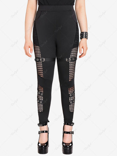 Gothic Plus Size Fishnet Panel Buckle Grommets Pockets Skinny Pants