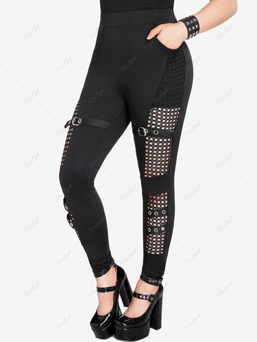 Gothic Plus Size Fishnet Panel Buckle Grommets Pockets Skinny Pants