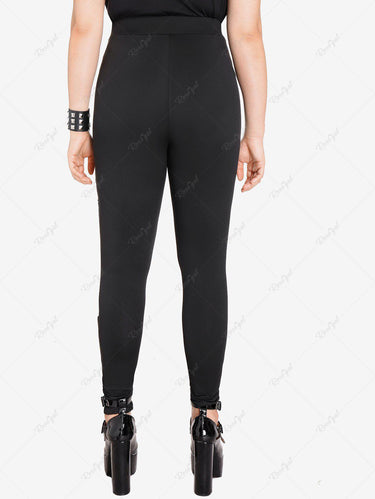 Gothic Plus Size Fishnet Panel Buckle Grommets Pockets Skinny Pants