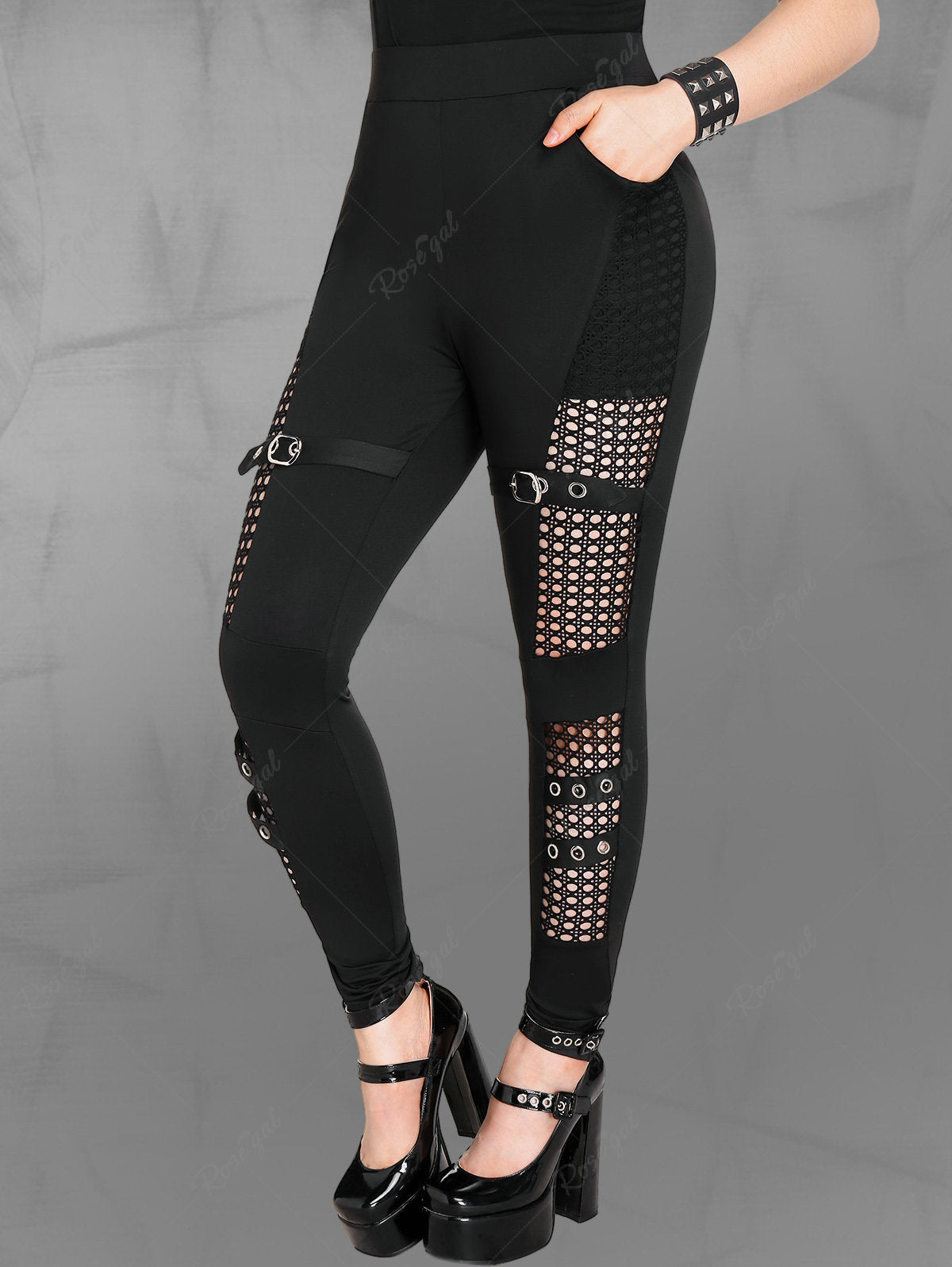 Gothic Plus Size Fishnet Panel Buckle Grommets Pockets Skinny Pants ...