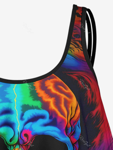 💗Coralie Loves💗 Gothic Plus Size 3D Print Flounce Tankini Top（Adjustable Shoulder Strap）