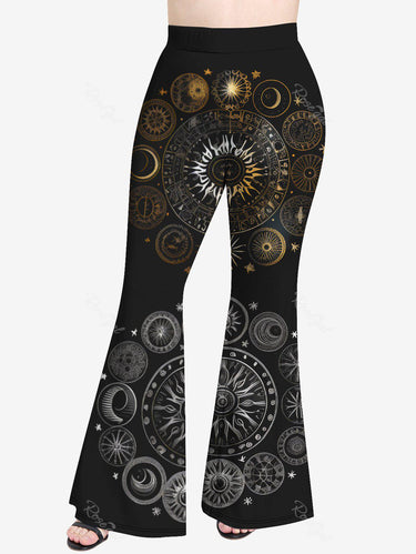 Gothic Plus Size 3D Sun Moon Star Glitter Print Flare Pants