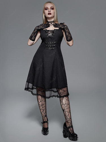 Gothic Plus Size Butterfly Embossed Lace-up Lace Trim Grommets Sleeveless Dress