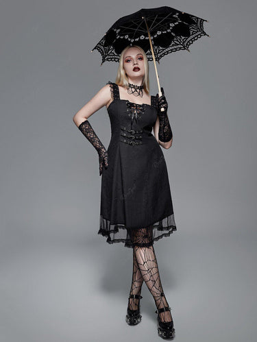 Gothic Plus Size Butterfly Embossed Lace-up Lace Trim Grommets Sleeveless Dress