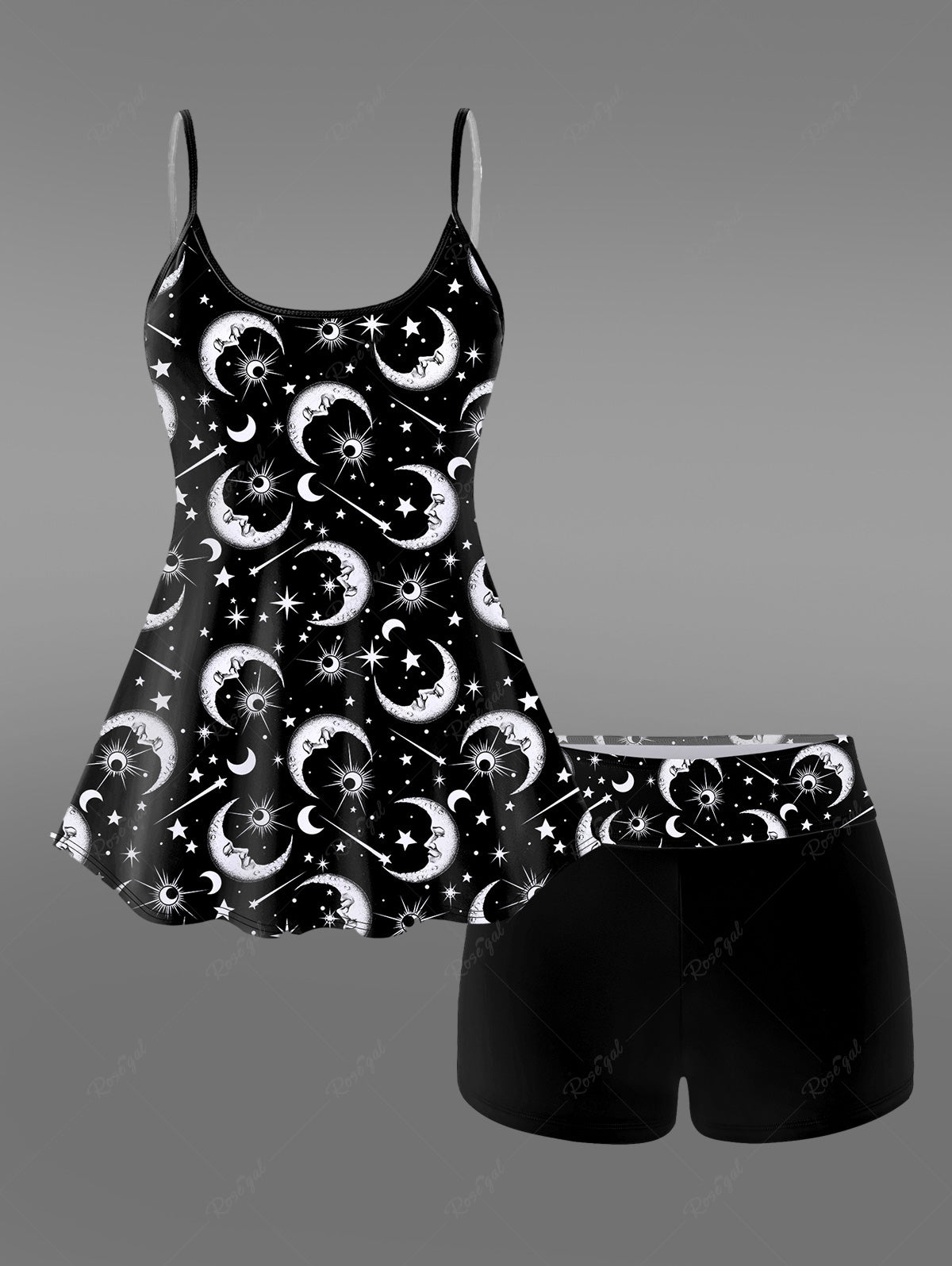 Gothic 3D Moon Star Glitter Print Boyleg Tankini Swimsuit (Adjustable ...