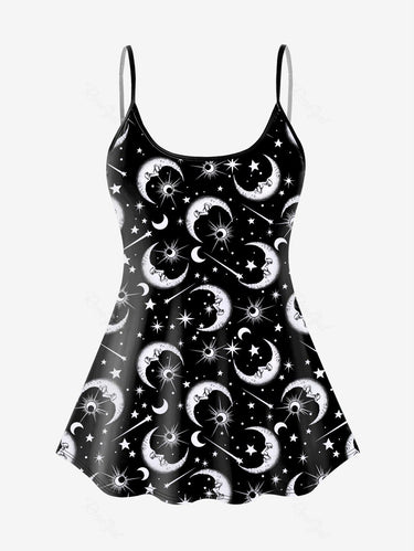 Gothic Plus Size 3D Moon Star Glitter Print Boyleg Tankini Swimsuit (Adjustable Shoulder Strap)