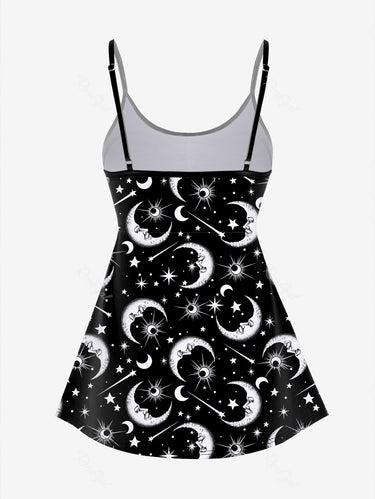 Gothic Plus Size 3D Moon Star Glitter Print Boyleg Tankini Swimsuit (Adjustable Shoulder Strap)