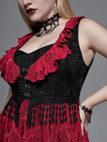 Gothic Plus Size Jacquard Hook and Eye Ruffle Two Tone Tassel Tank Top
