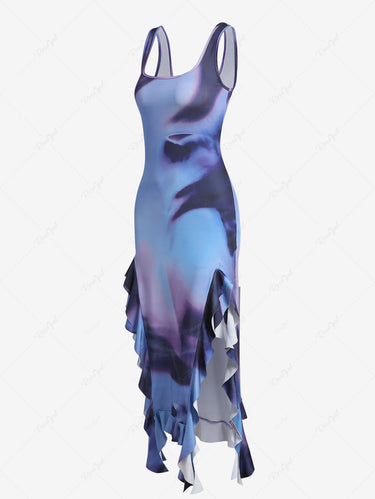 Gothic Ruffle Tie Dye Slit U Neck Midi Dress