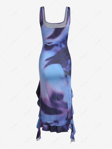 Gothic Ruffle Tie Dye Slit U Neck Midi Dress