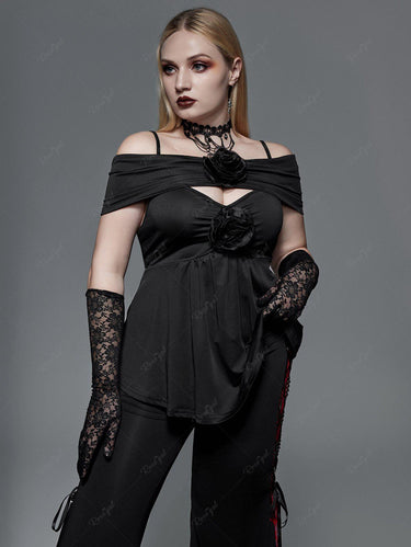 Gothic Plus Size Flowers Ruched Cold Shoulder Top