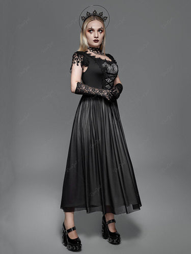 Gothic Plus Size Guipure Lace Panel Mesh Tassels Lace-up Sleeveless Maxi Dress