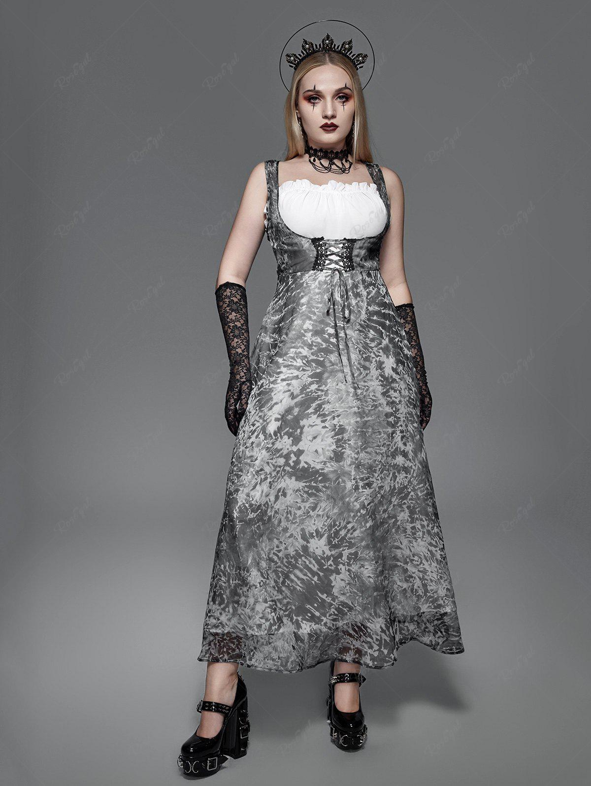 Gothic Abstract Print Lace-up Frilled Sleeveless Maxi Dress
