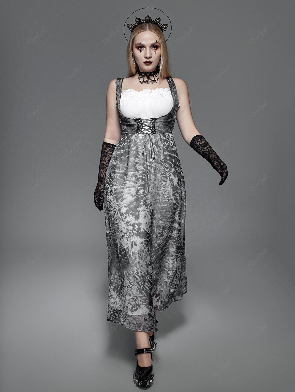 Gothic Abstract Print Lace-up Frilled Sleeveless Maxi Dress
