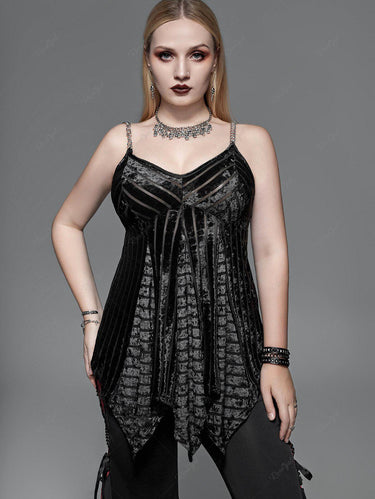 💗Lauren Loves💗Gothic Plus Size Velour Striped Chain Straps Asymmetrical Cami Top(Adjustable Shoulder Straps)