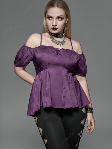 Gothic Plus Size Floral Butterfly Embroidery Lace Up Cold Shoulder Top(3 Days Delivery)