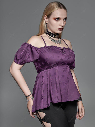 Gothic Plus Size Floral Butterfly Embroidery Lace Up Cold Shoulder Top(3 Days Delivery)
