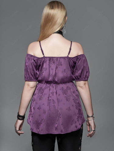 Gothic Plus Size Floral Butterfly Embroidery Lace Up Cold Shoulder Top(3 Days Delivery)