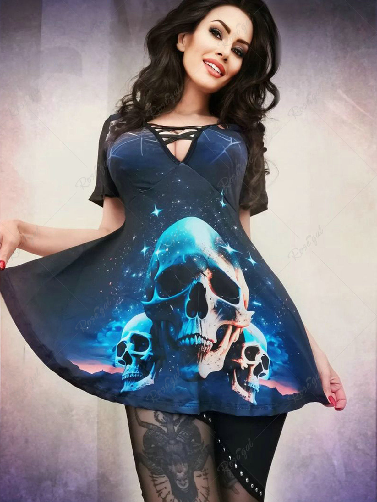 💗Stephanie Loves💗 Gothic 3D Print Crisscross V Neck Short Sleeve T-Shirt