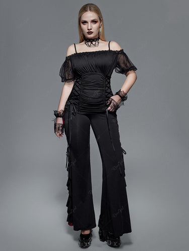 Gothic Plus Size Lace and Mesh Lace-up Ruched Cold Shoulder Top(Adjustable Shoulder Strap)