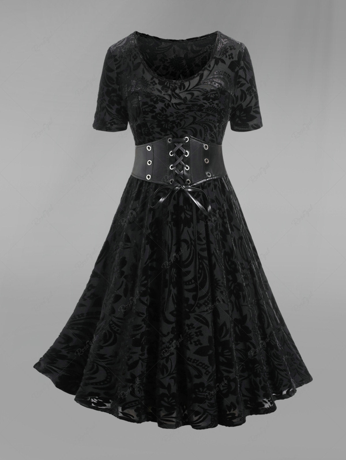 💗Lilith Loves💗 Victorian Gothic Jacquard PU Grommets Lace-up Corset Dress