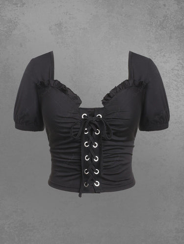 Gothic Plus Size Frilled Lace-up Ruched Crop Top
