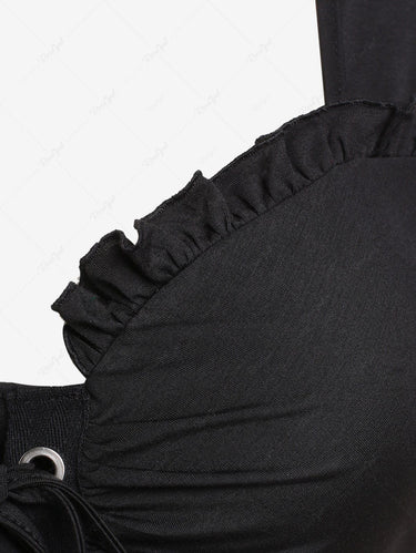 Gothic Plus Size Frilled Lace-up Ruched Crop Top