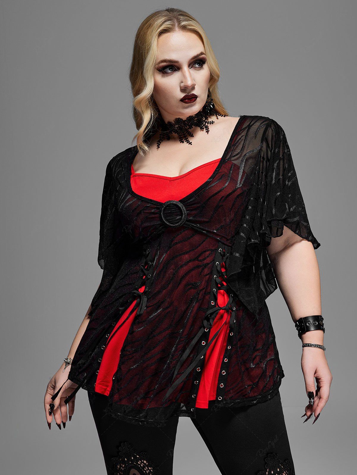 Gothic Mesh Jacquard Ring Lace-up Butterfly Sleeve 2 In 1 Top