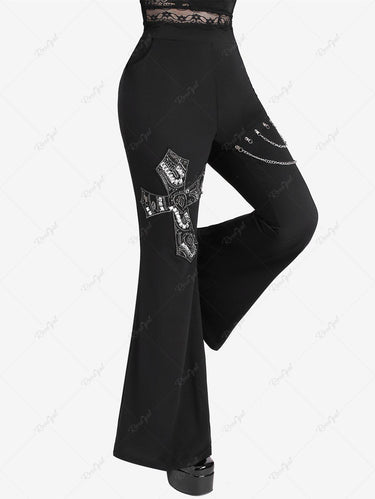 Gothic Plus Size Beaded Cross Applique Chain Decor Pockets Flare Pants