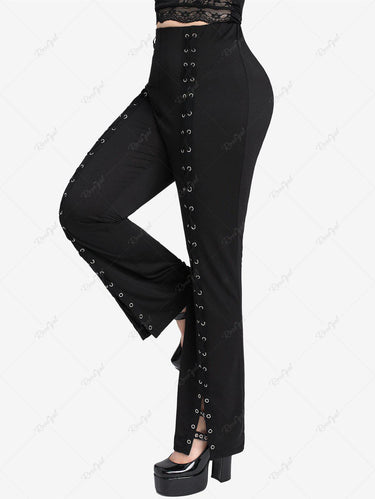 Gothic Plus Size Lace-up Grommets Split Hem Flare Pants